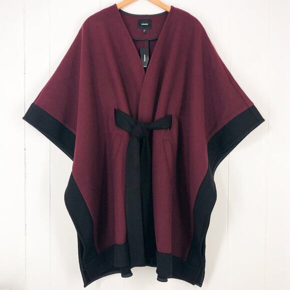 Express Color Block Belted Cape Coat Oversized Flowy Size M/L Burgundy Black - Picture 1 of 16